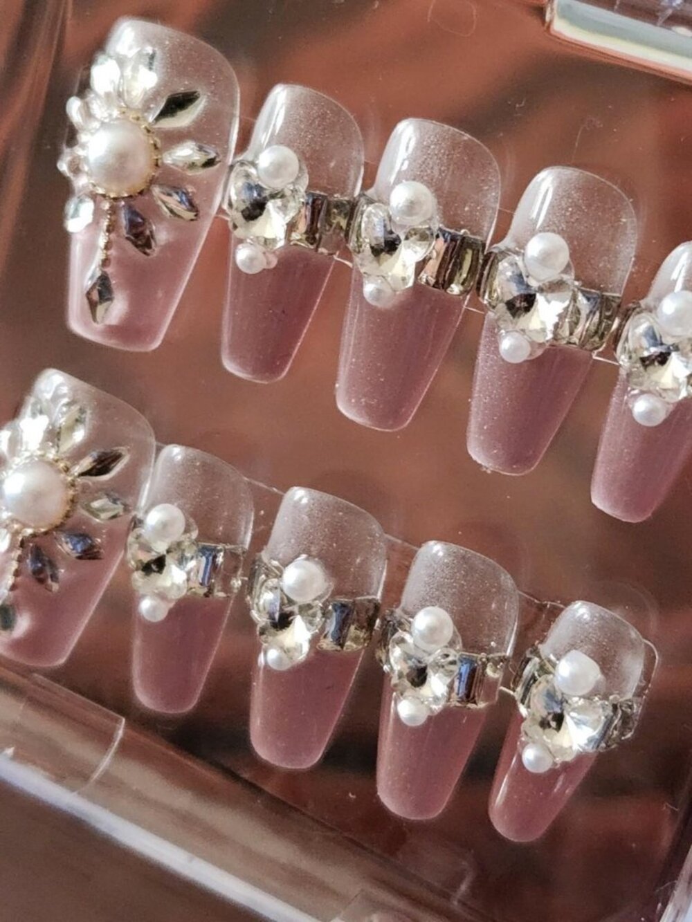 2.5 Pink & silver rhinestone glam nails with pearl and crystal embellishments.